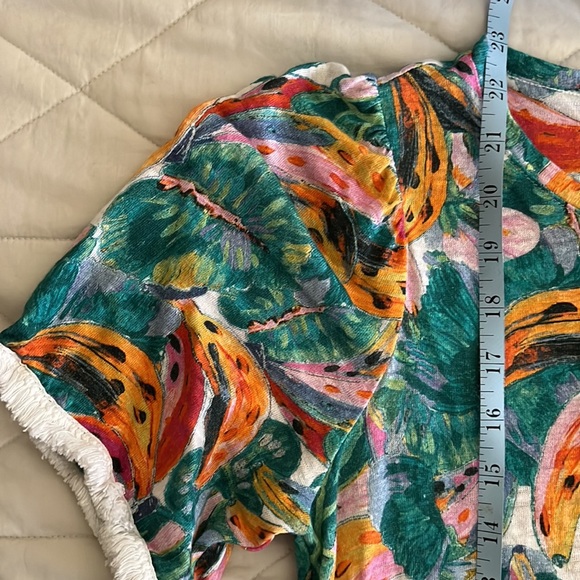 Chico's Linen Fringe Elbow Sleeve Tropical Banana Print Tee Top 00 xs - Picture 15 of 16